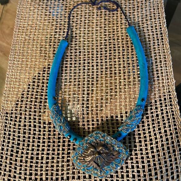 Necklace vintage - One of a kind teal suede and Bronze & teal beading - Picture 2 of 3